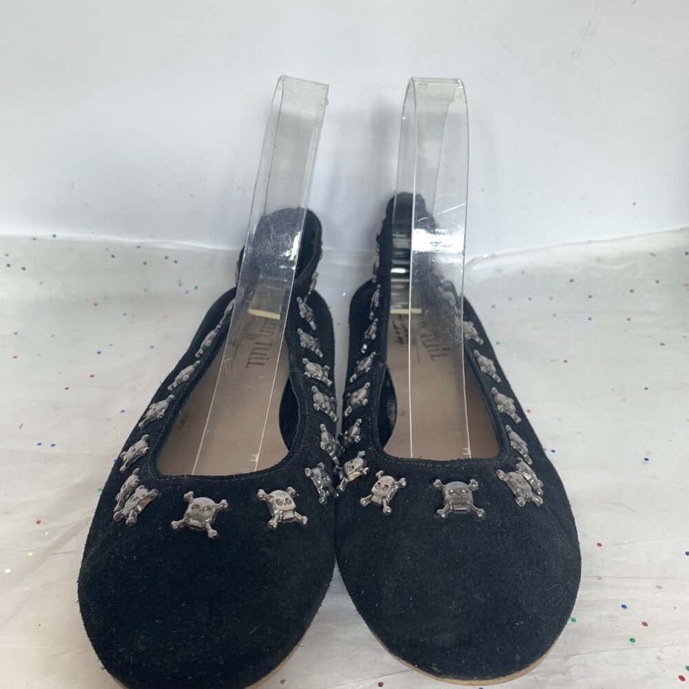 Ann Tuil Paris Black Suede Ballet Flats Metal Skull and Crossbones Rivet 39 Goth - Picture 6 of 15